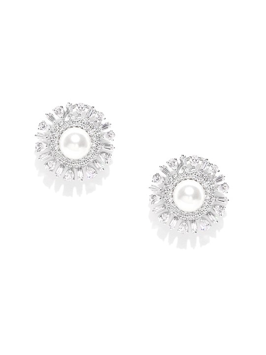 Off-White Rodhium-Plated Sterling Silver Shell Pearl Floral Studs