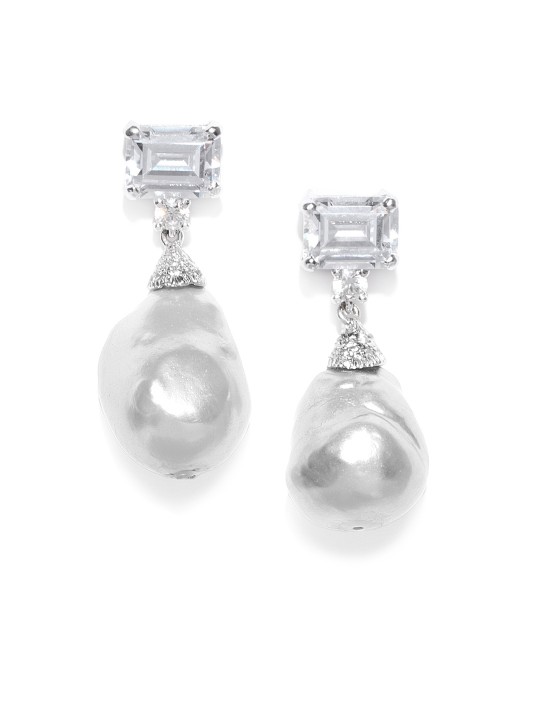 Grey Rodhium-Plated Sterling Silver Baroque Pearl Teardrop-Shaped Earrings
