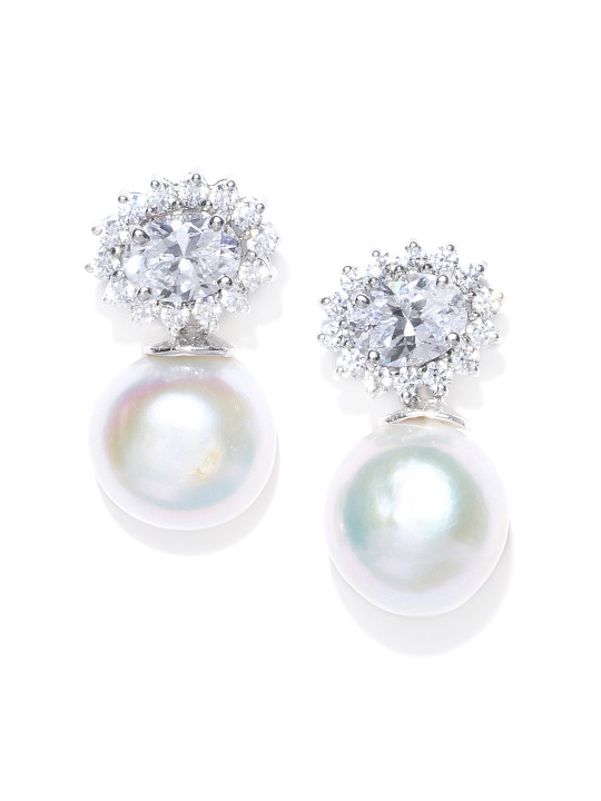 Off-White Rodhium-Plated Sterling Silver CZ Studded Teardrop-Shaped Drop Earrings