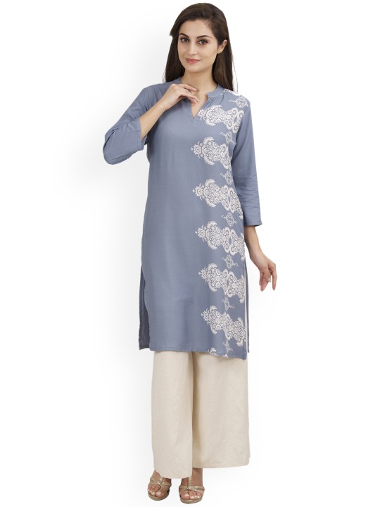 Women Grey Printed Straight Kurta XS