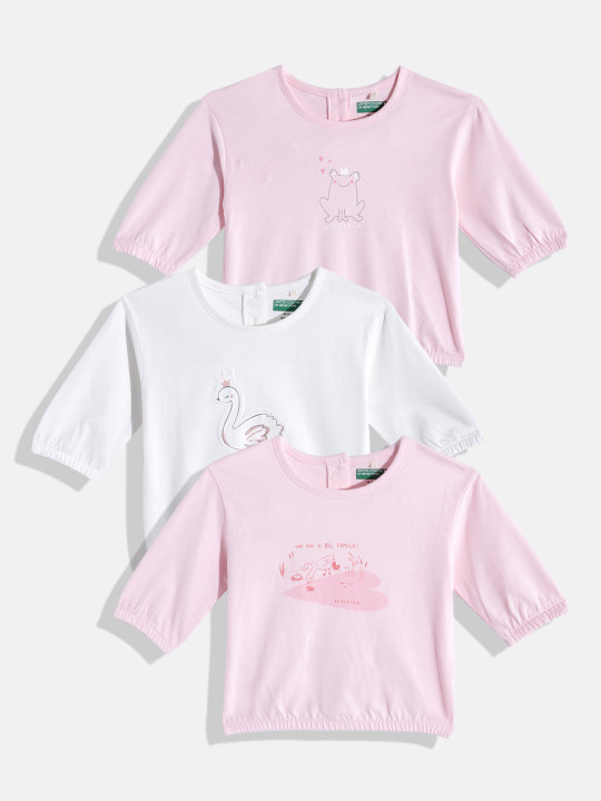 United Colors of Benetton Infant Girls Pack of 3 Printed Pure Cotton Blouson Tops