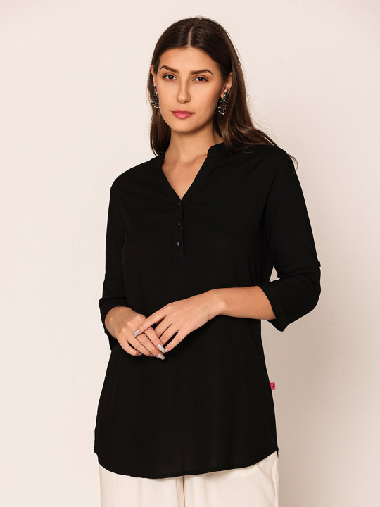 Vami Bonjour V Neck Black Solid Cotton 3/4 Sleeves Kurti