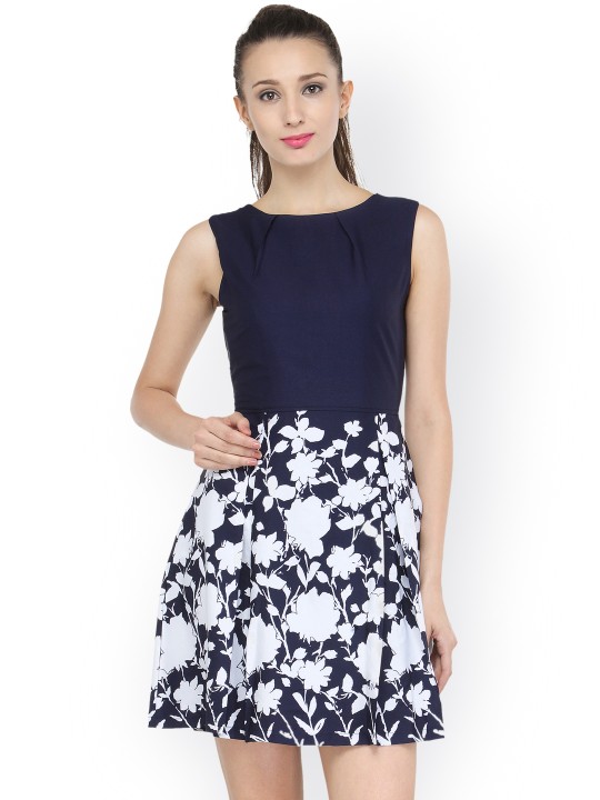 Women Navy Blue Printed Fit and Flare Dress S
