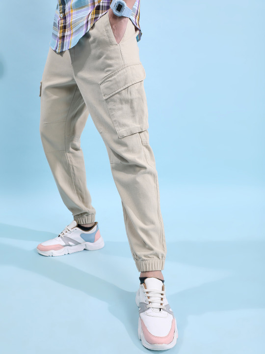 HIGHLANDER Men Beige Ankle Length Relaxed Fit Cargo jogger Trouser