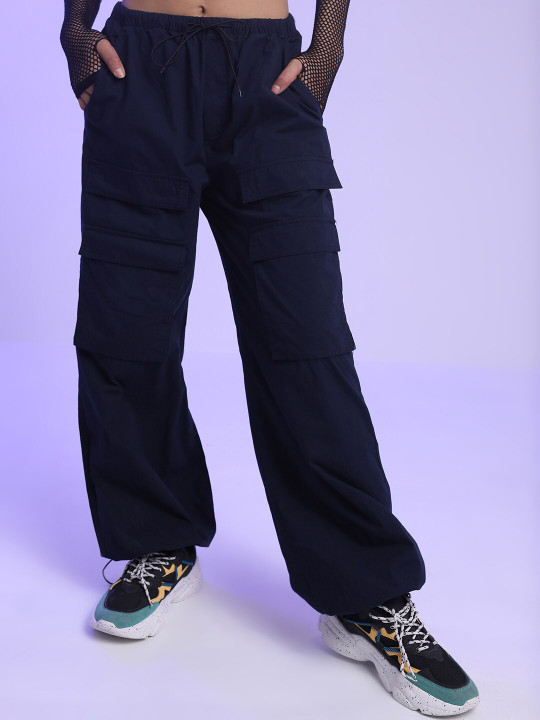 Street By Tokyo Talkies Women Cotton Mid-Rise Plain Loose Fit Parachute Cargos