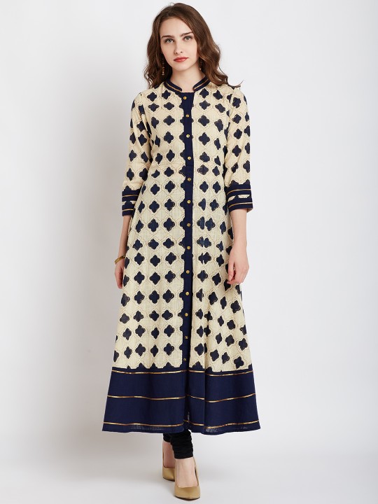 Women Cream & Navy Blue Colored Printed A-Line Kurta L