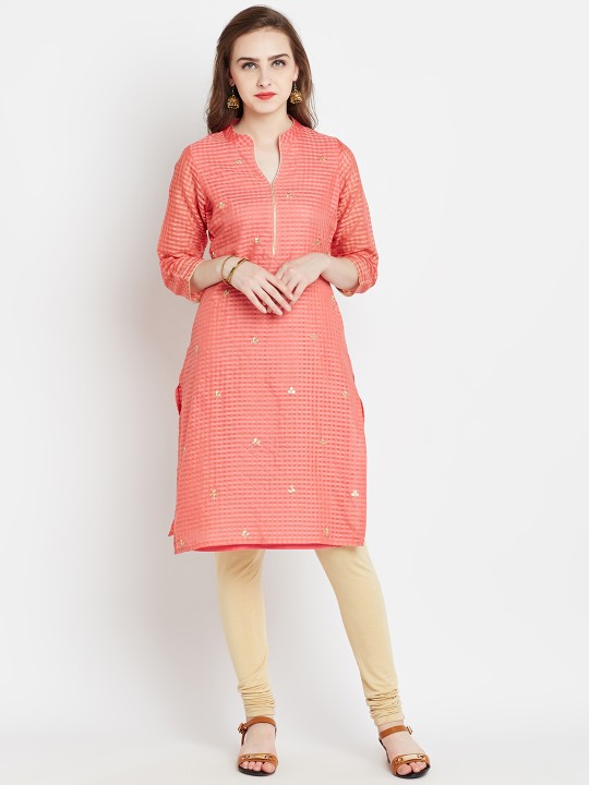 Women Peach-Coloured Checked Straight Kurta M