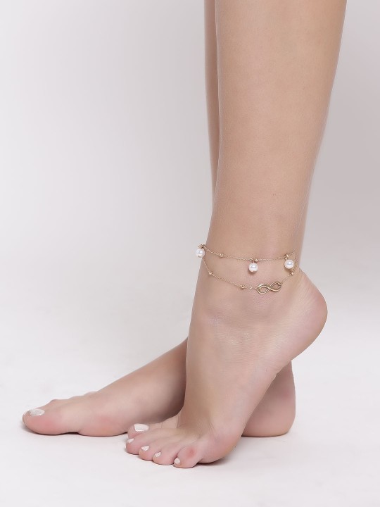Off-White & Gold-Toned Dual-Stranded Beaded Anklet