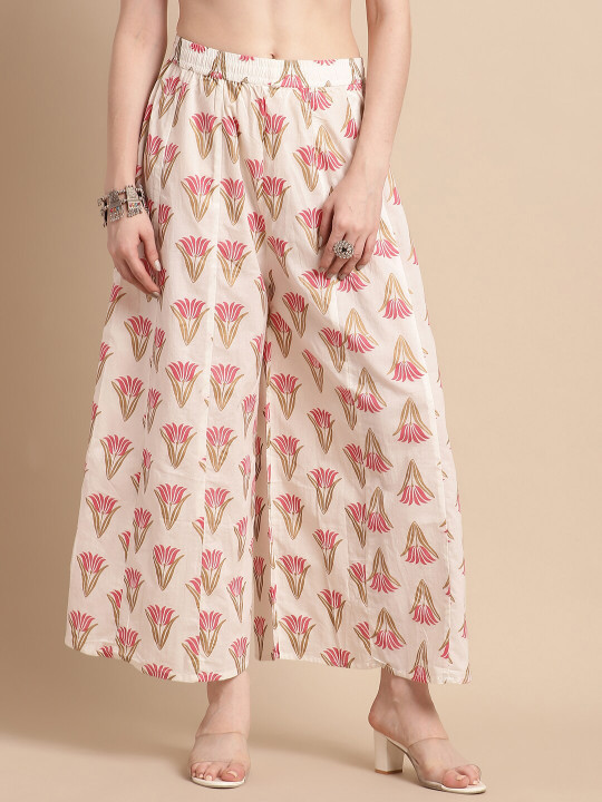 Pistaa Women Floral Printed Cotton Flared Palazzo