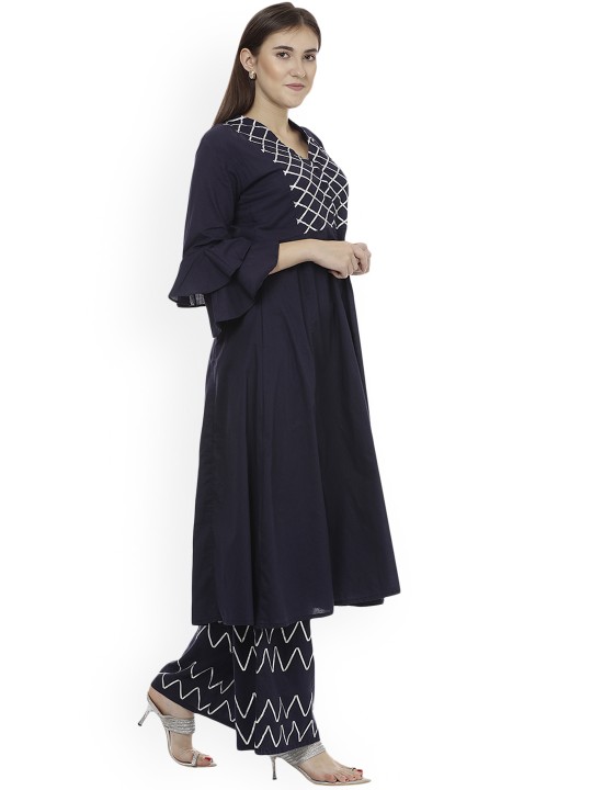 Women Navy Blue & Silver-Toned Embroidered Kurta with Palazzos XXL