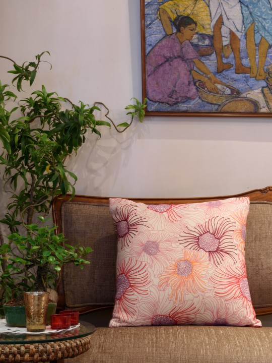 Cream-Coloured Single Floral Square Cushion Cover