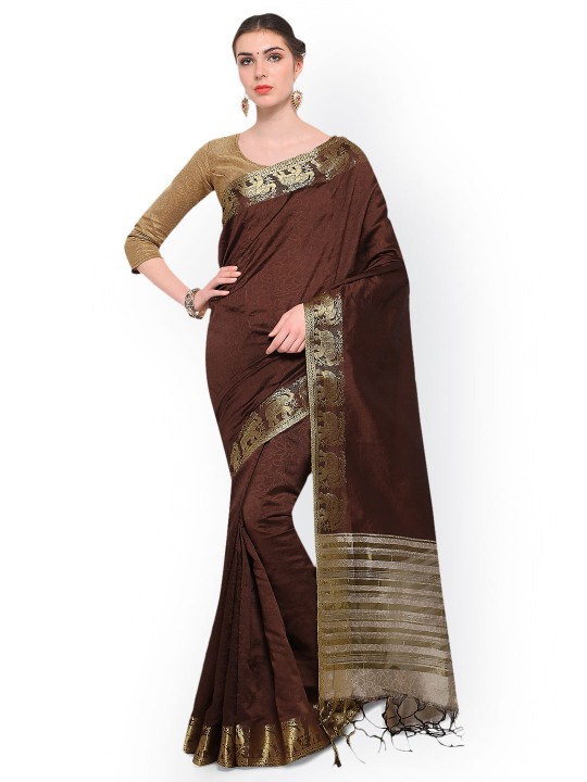 Brown Solid Silk Blend Saree