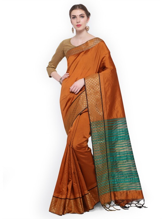 Rust Orange Solid Silk Blend Saree
