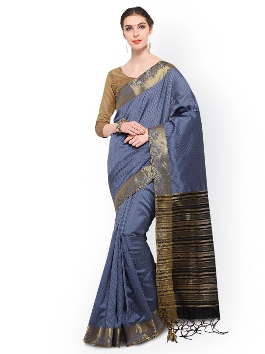 Blue Solid Silk Blend Saree