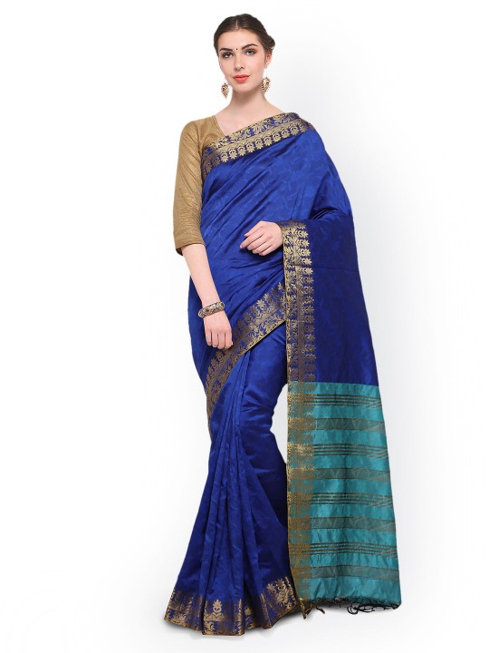 Blue Solid Silk Blend Saree