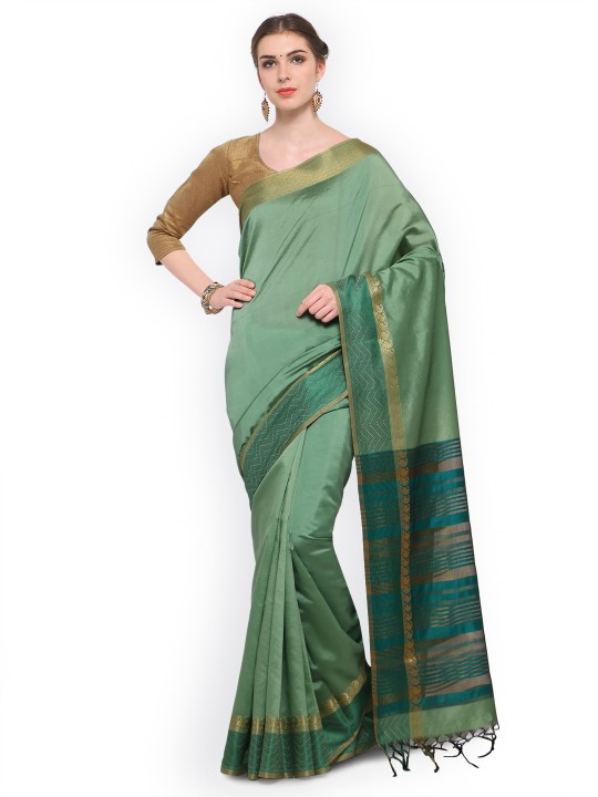 Green Solid Silk Blend Saree