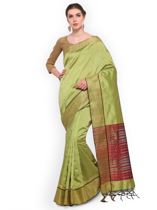 Green Solid Silk Blend Saree
