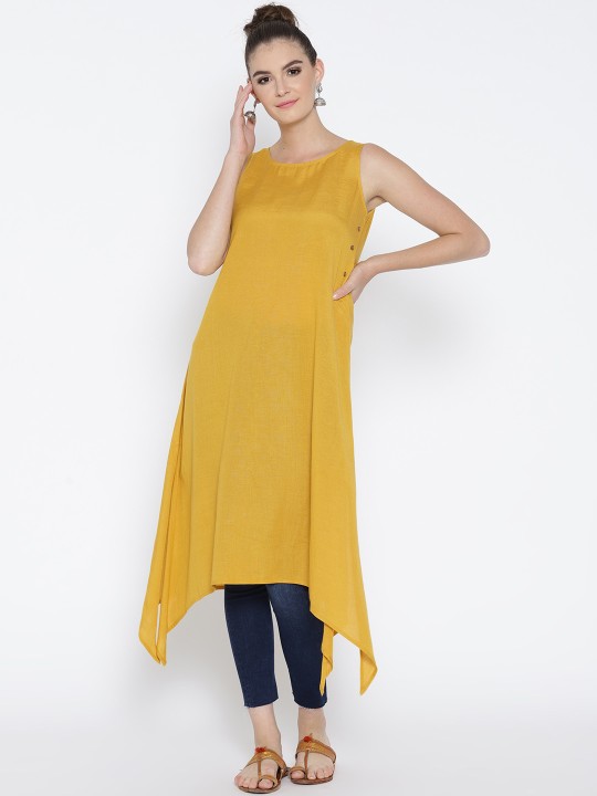 Buy Women Mustard Yellow Solid A-Line Kurta S Online at