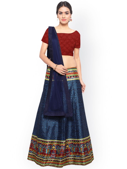 Blue & Red Printed Semi-Stitched Lehenga & Unstitched Blouse with Dupatta
