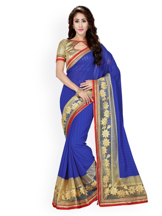 Blue Woven Design Poly Chiffon Saree