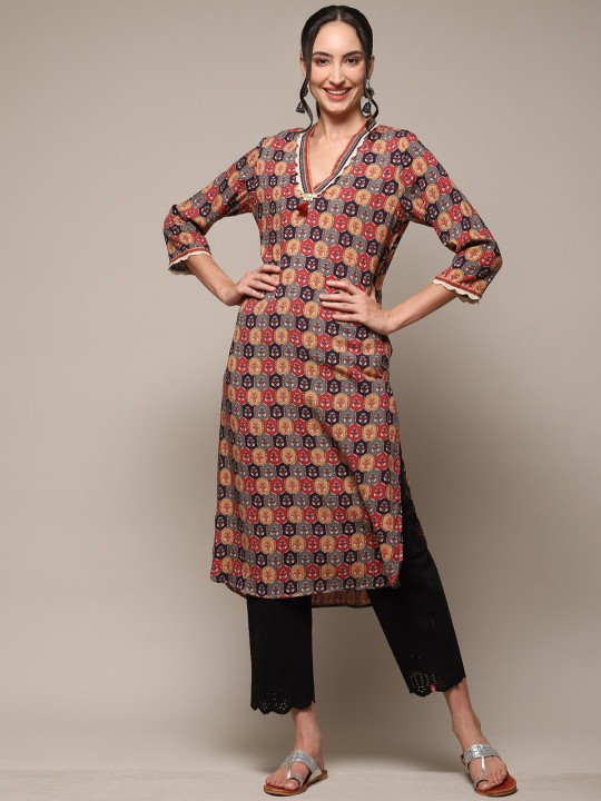 Biba Ethnic Motifs Printed V-Neck Straight Kurta