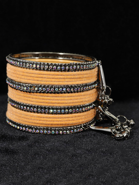 NMII Set Of 16 Zircon Gemstone Studded & Velvet Bangles