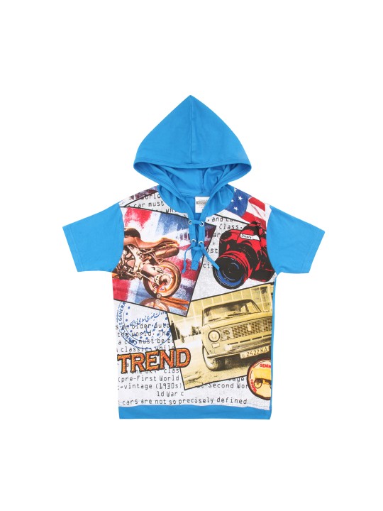 Boys Blue Printed Hood T-shirt 5-6Y