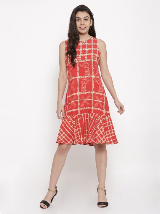 Women Red Printed A-Line Dress XS