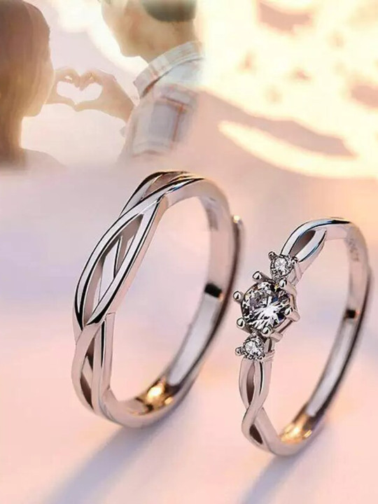 KARISHMA KREATIONS Set of 2 Silver-Plated AD-Studded Stainless Steel CoupleRings