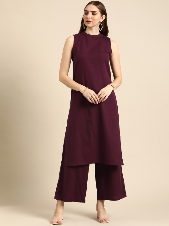 Anouk Women Solid Round Neck Cotton Kurta