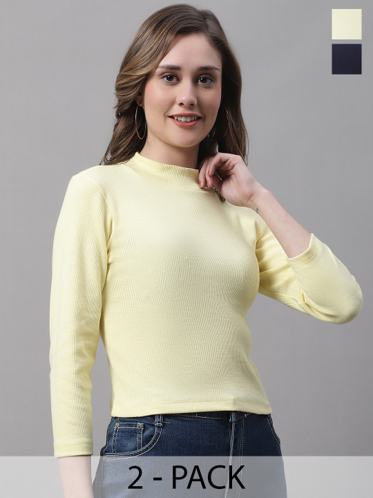 FBAR Pack Of 2 Ribbed High Neck Cotton Fitted Crop Tops