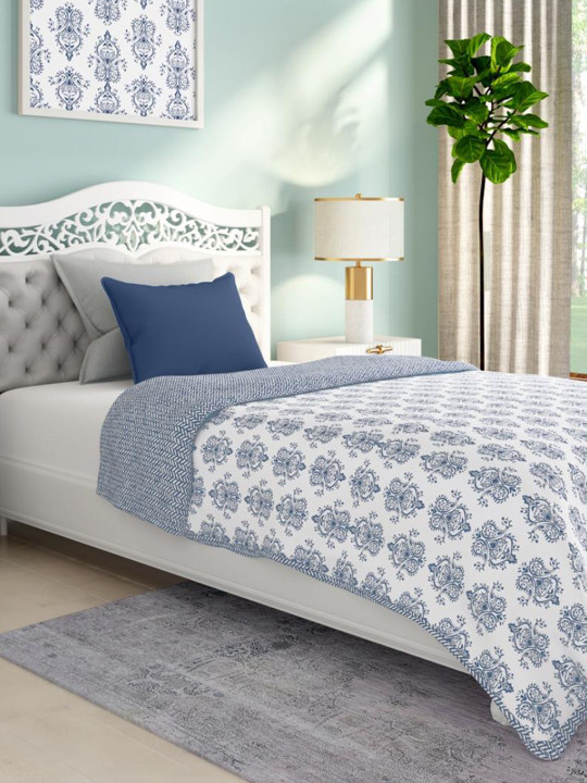 wakefit Blue & White Printed AC Room 110 GSM Reversible Single Bed Dohar