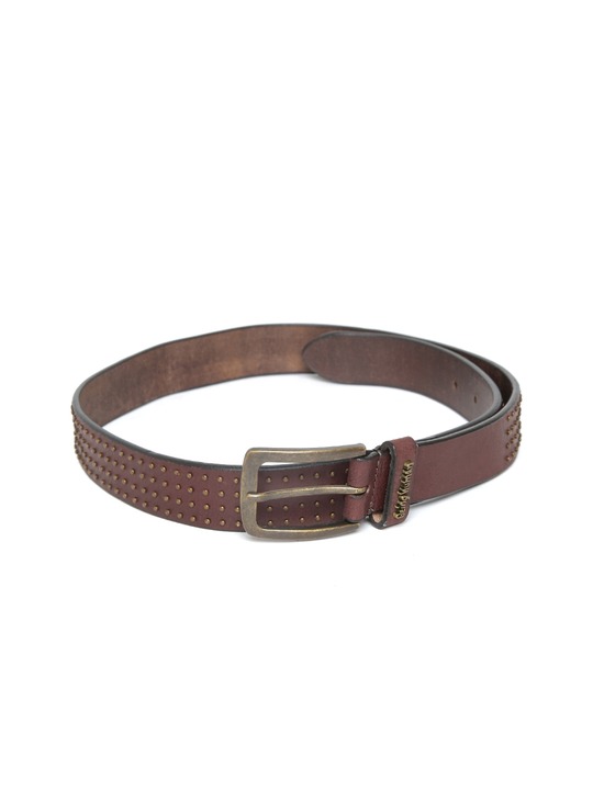 Men Coffee Brown Studded Leather Belt
