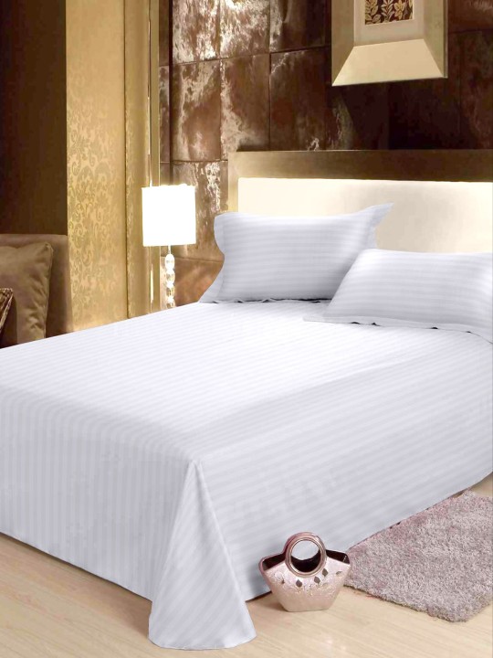 White Striped Flat 210 TC Cotton 1 King Bedsheet with 2 Pillow Covers