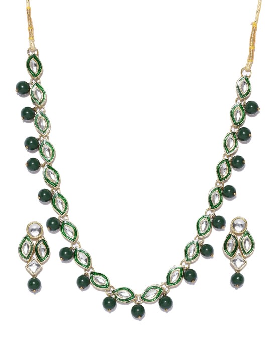 Gold-Toned & Green Stone-Studded Jewellery Set