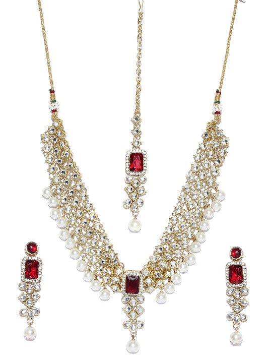 Gold-Toned & Red Stone-Studded Jewellery Set
