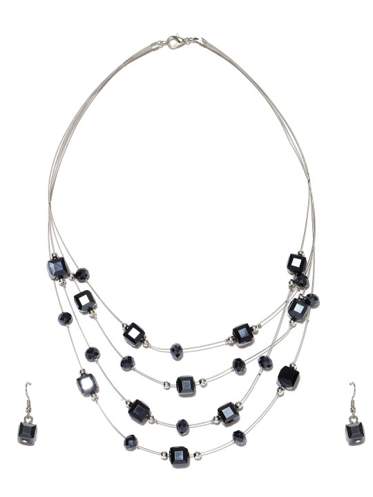 Silver-Toned & Black Stone-Studded Jewellery Set