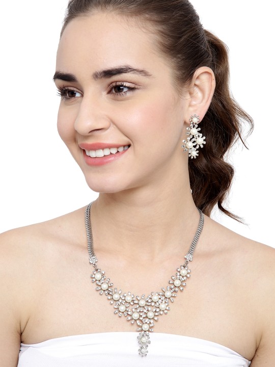 Silver-Toned & White Stone-Studded Jewellery Set