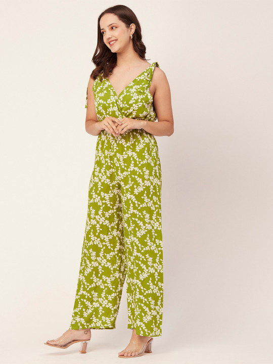 Moomaya Floral Printed V-Neck Waist Tie-ups Basic Jumpsuit