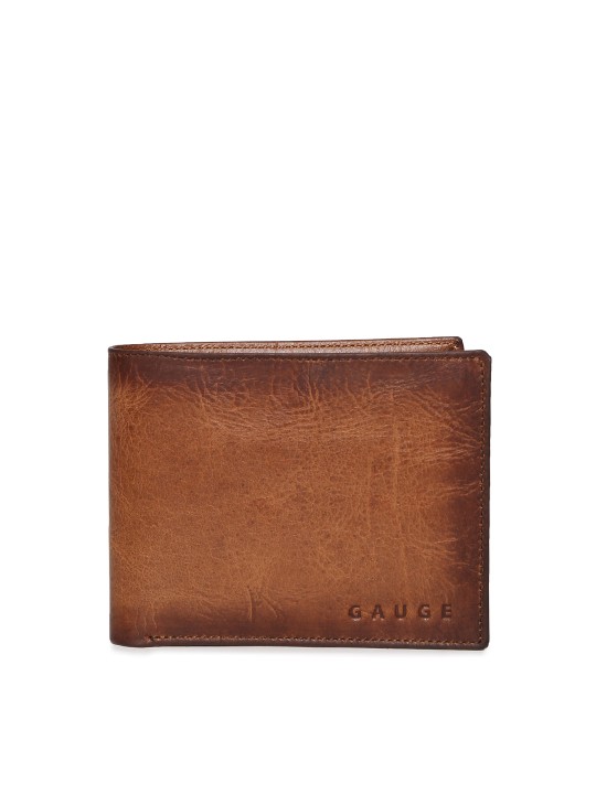 Men Brown Genuine Leather Solid Two Fold Wallet