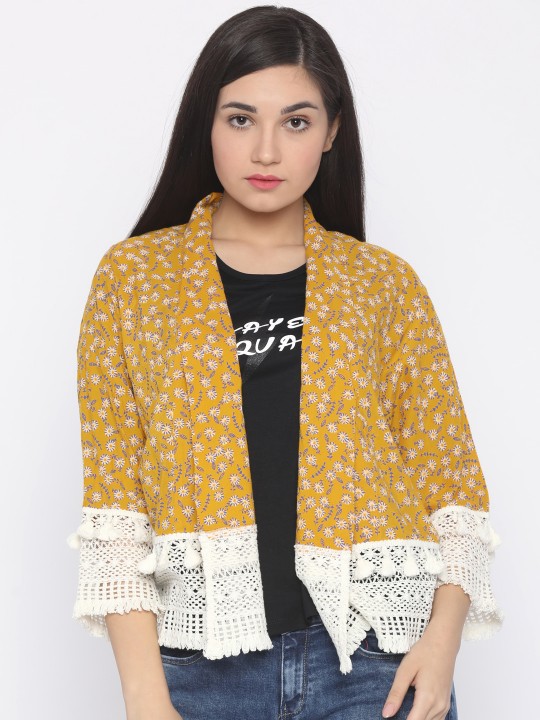 Mustard Printed Open Front Shrug S