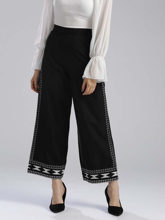 Women Black Regular Fit Solid Parallel Trousers 35