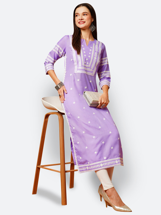 GoSriKi Floral Embroidered Round Neck Thread Work Straight Kurta