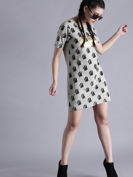 Women Grey Melange Printed A-Line Dress XS