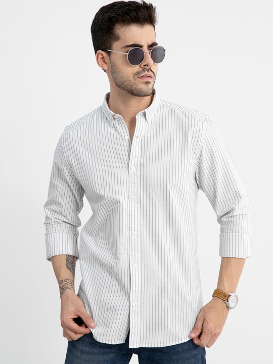White Classic Slim Fit Vertical Striped Cotton Casual Shirt