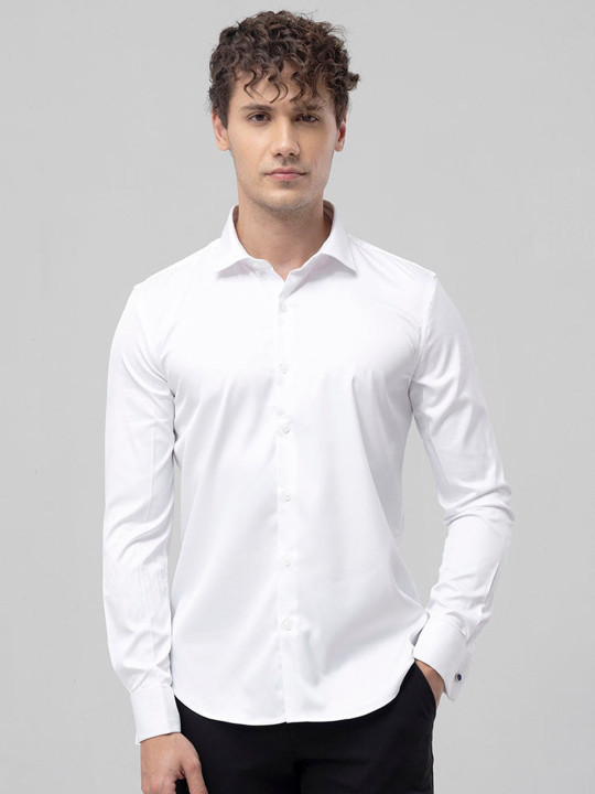 Snitch White Classic Slim Fit Satin Cotton Casual Shirt