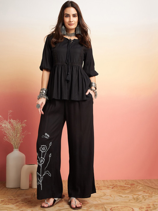 Embellished Lace Up Detail Top & Palazzo Co-Ords Set