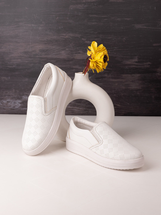 DressBerry Women White Perforations Lightweight Comfort Insole Basics Slip-On Sneakers