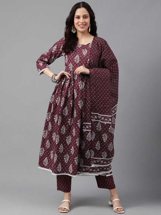 KALINI Ethnic Motifs Printed Pure Cotton Anarkali Kurta With Trousers & Dupatta
