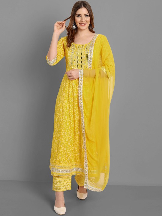 Floral Printed Mirror Work A-Line Kurta With Trousers & Dupatta